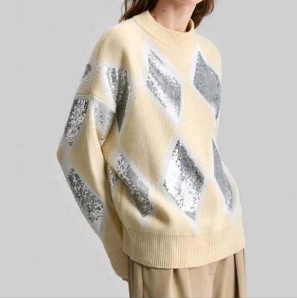Autumn/Winter Fashion Colorblock Argyle Sequin Embellished Sweater - Picture 1 of 5
